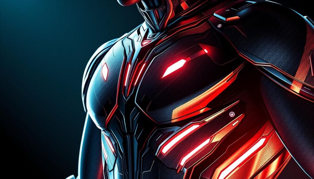 A close-up view of a futuristic superhero costume, showcasing its sleek and innovative design. The suit is crafted from a shimmering, high-tech fabric that seems to shift and flow, with subtle panels and joints that hint at advanced functionality. The costume's surface is adorned with a intricate pattern of circuitry and glowing, holographic elements, suggesting integrated technology and sensors. Dramatic backlighting from an unseen source casts dramatic shadows, highlighting the sharp contours and angular silhouette of the suit. The overall impression is one of cutting-edge style and transformative, superhuman capabilities. A close-up view of a futuristic superhero costume, showcasing its sleek and innovative design. The suit is crafted from a shimmering, high-tech fabric that seems to shift and flow, with subtle panels and joints that hint at advanced functionality. The costume's surface is adorned with a intricate pattern of circuitry and glowing, holographic elements, suggesting integrated technology and sensors. Dramatic backlighting from an unseen source casts dramatic shadows, highlighting the sharp contours and angular silhouette of the suit. The overall impression is one of cutting-edge style and transformative, superhuman capabilities.