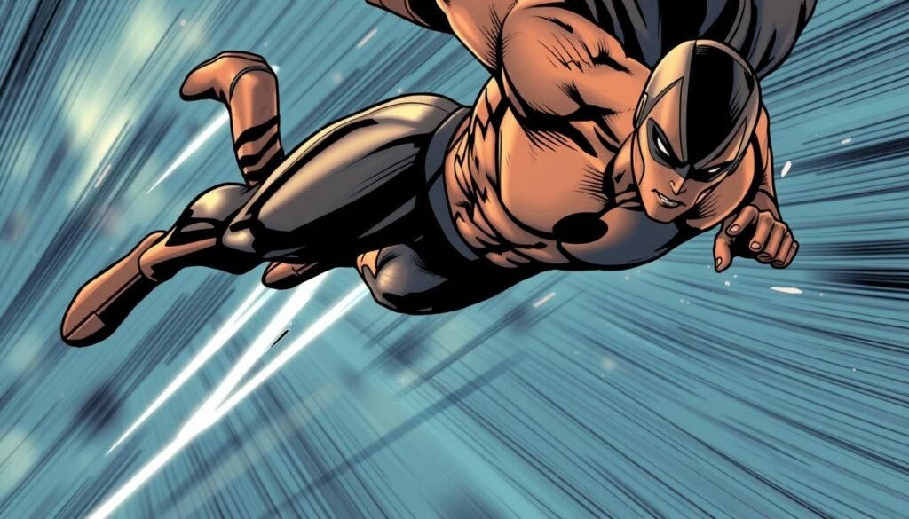 A close-up view of a superhero in mid-flight, their body positioned in a dynamic, streamlined pose as they soar through the air. The figure's muscles are taut, and a sense of intense velocity is conveyed through distorted motion lines and a blurred background. Subtle energy trails emanate from the superhero's hands and feet, indicating the immense power and thrust propelling their flight. Dramatic lighting casts dramatic shadows, emphasizing the hero's silhouette and the mechanics of their aerial movement. The overall scene exudes a sense of kinetic energy, showcasing the incredible speed and precision of superhero flight. A close-up view of a superhero in mid-flight, their body positioned in a dynamic, streamlined pose as they soar through the air. The figure's muscles are taut, and a sense of intense velocity is conveyed through distorted motion lines and a blurred background. Subtle energy trails emanate from the superhero's hands and feet, indicating the immense power and thrust propelling their flight. Dramatic lighting casts dramatic shadows, emphasizing the hero's silhouette and the mechanics of their aerial movement. The overall scene exudes a sense of kinetic energy, showcasing the incredible speed and precision of superhero flight.
