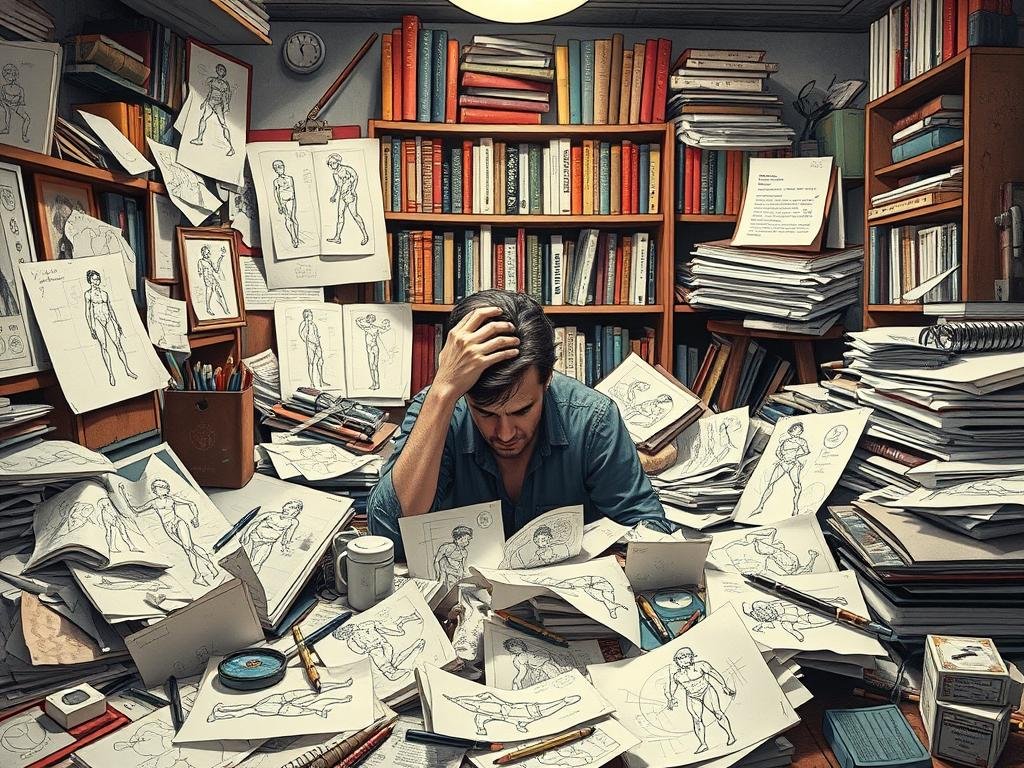 A cluttered workspace filled with scattered art supplies, crumpled paper, and discarded sketches. In the foreground, a tangle of reference images depicting awkward poses and stiff figures. The middle ground features a frustrated artist, hand in hair, contemplating their struggles. Soft, diffused lighting creates a moody atmosphere, emphasizing the creative tension. A bookshelf in the background holds volumes on anatomy, composition, and artistic technique, hinting at the wealth of knowledge available, yet seemingly out of reach. This scene captures the common pitfalls of over-reliance on reference material, where the quest for realism stifles the artist's intuition and personal style. A cluttered workspace filled with scattered art supplies, crumpled paper, and discarded sketches. In the foreground, a tangle of reference images depicting awkward poses and stiff figures. The middle ground features a frustrated artist, hand in hair, contemplating their struggles. Soft, diffused lighting creates a moody atmosphere, emphasizing the creative tension. A bookshelf in the background holds volumes on anatomy, composition, and artistic technique, hinting at the wealth of knowledge available, yet seemingly out of reach. This scene captures the common pitfalls of over-reliance on reference material, where the quest for realism stifles the artist's intuition and personal style.