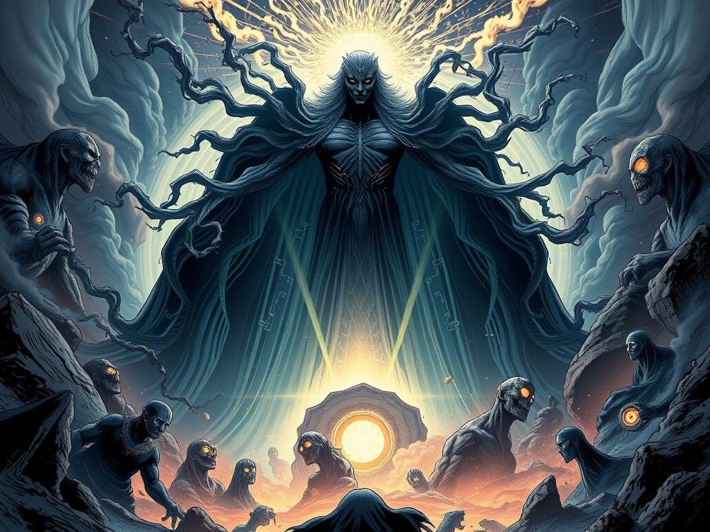 A colossal, cosmic entity dominates the frame, its vast form shrouded in an ominous dark energy. Perpetua, the primordial Mother of the Multiverse, hovers amidst a maelstrom of swirling, interdimensional portals. Tendrils of power radiate from her being, distorting the very fabric of reality. In the foreground, glimpses of parallel worlds can be seen, their fates intertwined with Perpetua's cosmic machinations. The scene is bathed in an eerie, otherworldly glow, the atmosphere charged with a sense of impending transformation. Dramatic shadows and highlights accentuate the monumental scale and unsettling power of this fundamental force that shapes the DC Multiverse. A colossal, cosmic entity dominates the frame, its vast form shrouded in an ominous dark energy. Perpetua, the primordial Mother of the Multiverse, hovers amidst a maelstrom of swirling, interdimensional portals. Tendrils of power radiate from her being, distorting the very fabric of reality. In the foreground, glimpses of parallel worlds can be seen, their fates intertwined with Perpetua's cosmic machinations. The scene is bathed in an eerie, otherworldly glow, the atmosphere charged with a sense of impending transformation. Dramatic shadows and highlights accentuate the monumental scale and unsettling power of this fundamental force that shapes the DC Multiverse.