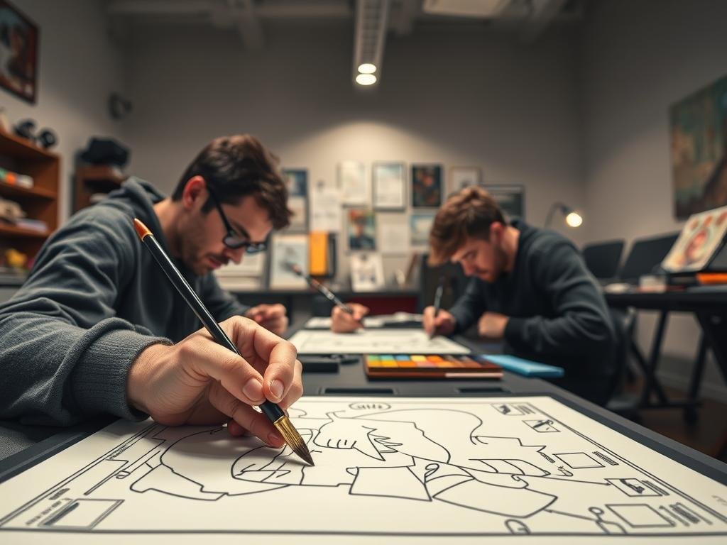 A comic book coloring studio with artists hunched over drawing tablets, meticulously applying flat colors to lineart. Soft, directional lighting from overhead illuminates the workspace, casting gentle shadows. In the foreground, a digital brush applies swatches of solid color, carefully delineating shapes and forms. In the middle ground, a tidy arrangement of reference materials, color palettes, and retouching tools. The background fades into a subtle, out-of-focus backdrop, hinting at the broader creative process. The mood is one of focused dedication, with a sense of the patient, deliberate craft behind the final vibrant comic book visuals. A comic book coloring studio with artists hunched over drawing tablets, meticulously applying flat colors to lineart. Soft, directional lighting from overhead illuminates the workspace, casting gentle shadows. In the foreground, a digital brush applies swatches of solid color, carefully delineating shapes and forms. In the middle ground, a tidy arrangement of reference materials, color palettes, and retouching tools. The background fades into a subtle, out-of-focus backdrop, hinting at the broader creative process. The mood is one of focused dedication, with a sense of the patient, deliberate craft behind the final vibrant comic book visuals.