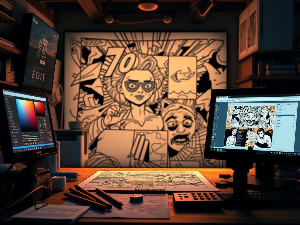 A comic book flatting process scene, showcasing the foundational stage of coloring. In the foreground, digital tools and software windows are displayed, representing the technical aspects of this essential step. The middle ground features a comic book page, partially filled with flat color regions, hinting at the careful attention to detail required. In the background, a dynamic, stylized comic book art style creates an immersive, artistic atmosphere. Warm, muted lighting casts a nostalgic glow, capturing the thoughtful, meticulous nature of this crucial stage in the comic book creation process. A comic book flatting process scene, showcasing the foundational stage of coloring. In the foreground, digital tools and software windows are displayed, representing the technical aspects of this essential step. The middle ground features a comic book page, partially filled with flat color regions, hinting at the careful attention to detail required. In the background, a dynamic, stylized comic book art style creates an immersive, artistic atmosphere. Warm, muted lighting casts a nostalgic glow, capturing the thoughtful, meticulous nature of this crucial stage in the comic book creation process.