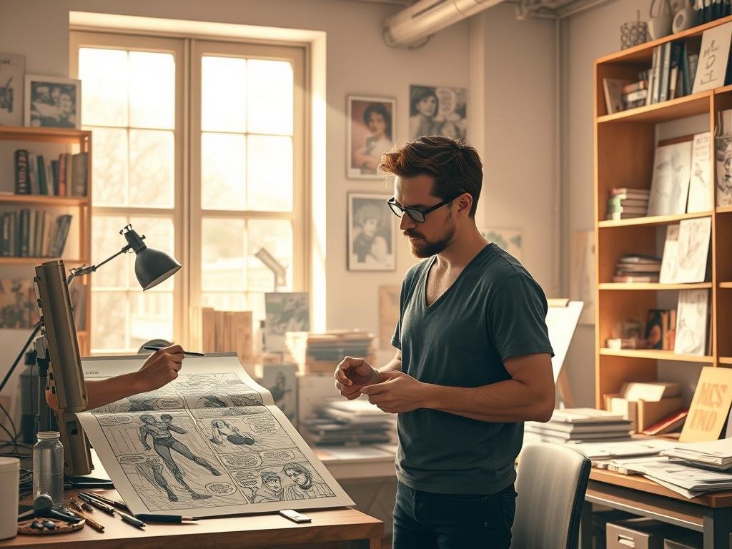 A comic studio workspace with two artists collaborating intensely. In the foreground, a flatting artist meticulously applies flat colors to line art, while a colorist in the middle ground closely examines the work, discussing palette choices. Soft natural lighting filters in from a large window, casting a warm glow. The background features shelves of art supplies, sketches, and reference materials, conveying the creative energy of the space. The mood is focused, collaborative, and slightly cinematic, with a sense of the artists' deep understanding and mutual respect for their roles in the comic production process. A comic studio workspace with two artists collaborating intensely. In the foreground, a flatting artist meticulously applies flat colors to line art, while a colorist in the middle ground closely examines the work, discussing palette choices. Soft natural lighting filters in from a large window, casting a warm glow. The background features shelves of art supplies, sketches, and reference materials, conveying the creative energy of the space. The mood is focused, collaborative, and slightly cinematic, with a sense of the artists' deep understanding and mutual respect for their roles in the comic production process.