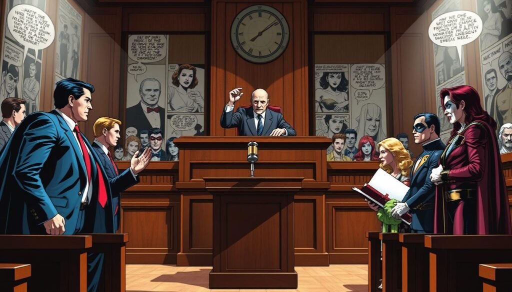 A courtroom scene set in a classic comic book style, with iconic superhero and villain characters engaged in a tense legal battle. In the foreground, the attorneys stand at a wooden podium, dressed in sharp suits and ties, gesticulating passionately as they present their cases. The judge, a stern-faced figure in a flowing robe, presides over the proceedings from an elevated bench, his gavel poised to bring order. In the background, the walls are adorned with comic book panels, depicting the characters' backstories and the events leading up to this landmark legal showdown. Dramatic lighting casts long shadows, heightening the sense of high-stakes drama. The mood is one of intense legal conflict, with the fate of these beloved characters hanging in the balance. Character Ownership Legal Battles Comics