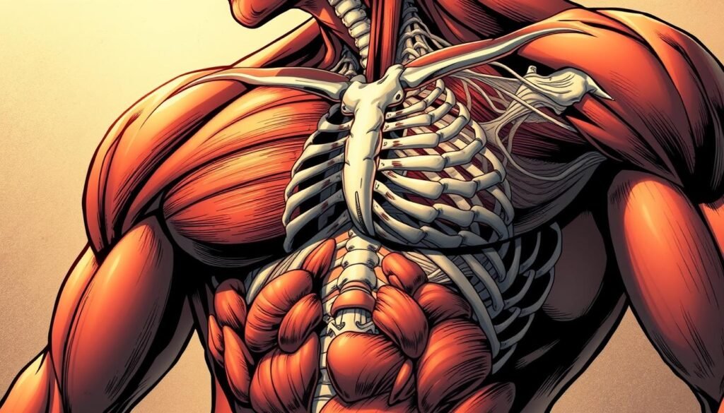 A cross-section of the human body, revealing the intricate biological mechanisms responsible for enhanced strength. In the foreground, a detailed view of the musculature, with hypertrophied fibers and increased vascularity. In the middle ground, the skeletal structure appears reinforced, with thickened bones and dense connective tissues. In the background, the nervous system is highlighted, showcasing the intense neural pathways that enable rapid, powerful muscle contractions. The scene is illuminated by a soft, warm light, casting subtle shadows that accentuate the form and texture of the biological elements. The overall mood is one of scientific curiosity and awe at the incredible capabilities of the human body. A cross-section of the human body, revealing the intricate biological mechanisms responsible for enhanced strength. In the foreground, a detailed view of the musculature, with hypertrophied fibers and increased vascularity. In the middle ground, the skeletal structure appears reinforced, with thickened bones and dense connective tissues. In the background, the nervous system is highlighted, showcasing the intense neural pathways that enable rapid, powerful muscle contractions. The scene is illuminated by a soft, warm light, casting subtle shadows that accentuate the form and texture of the biological elements. The overall mood is one of scientific curiosity and awe at the incredible capabilities of the human body.