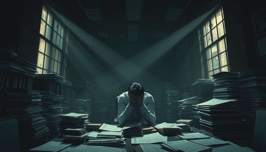 A dark, cavernous office space shrouded in shadows, with stacks of financial reports and ledgers spilling across a cluttered desk. In the foreground, a lone figure, head in hands, conveying the weight of financial burdens facing a struggling comic publisher. Hazy beams of light filter through grimy windows, casting an air of melancholy and despair. The scene is captured through a wide-angle lens, emphasizing the sense of isolation and the daunting scale of the challenges at hand. Muted colors and a somber palette heighten the grim atmosphere, reflecting the financial factors behind the closure of once-promising comic imprints. Forgotten Comic Imprints: The Real Reasons They Were Canceled