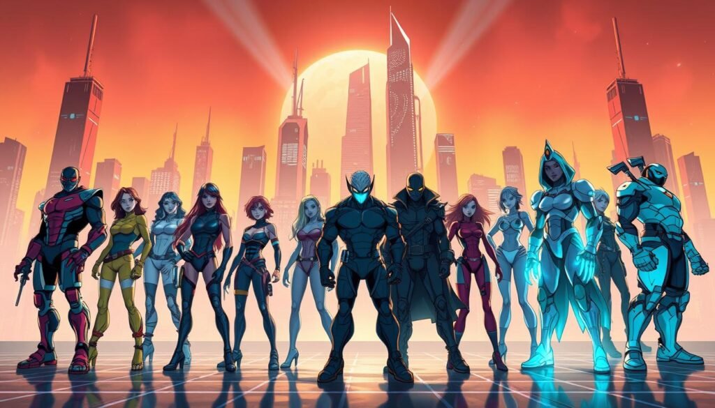 A digital comic character design scene set in a dynamic, futuristic environment. In the foreground, a diverse cast of vibrant, stylized characters stand in various action poses, showcasing their unique designs and personalities. The middle ground features a minimalist, high-tech cityscape with towering skyscrapers and holographic displays. The background is bathed in a warm, neon-infused glow, creating an immersive cyberpunk atmosphere. The lighting is dramatic, with sharp contrasts and strategic highlights that accentuate the characters' features and the sleek, futuristic setting. The overall composition is visually striking, capturing the essence of digital comic character design techniques. Uma cena de design de personagens de quadrinhos digitais ambientada em um ambiente dinâmico e futurista. Em primeiro plano, um elenco diversificado de personagens vibrantes e estilizados se posiciona em diversas poses de ação, exibindo seus designs e personalidades únicos. O plano central apresenta uma paisagem urbana minimalista e de alta tecnologia, com arranha-céus imponentes e displays holográficos. O fundo é banhado por um brilho quente com infusão de neon, criando uma atmosfera cyberpunk imersiva. A iluminação é dramática, com contrastes nítidos e destaques estratégicos que acentuam as características dos personagens e o cenário elegante e futurista. A composição geral é visualmente impressionante, capturando a essência das técnicas de design de personagens de quadrinhos digitais.