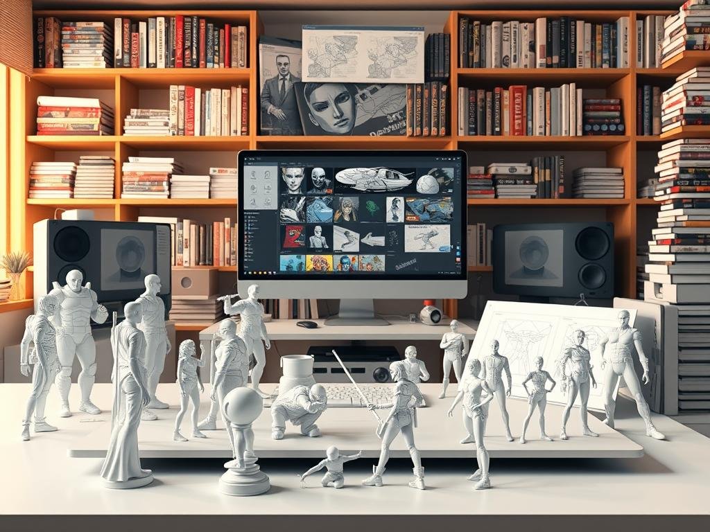 A digital workspace showcasing a variety of comic art resources. In the foreground, an array of 3D models, wireframes, and character poses are displayed on a sleek, minimalist desk setup. The middle ground features a large, high-resolution monitor displaying various digital art tools and software interfaces. In the background, shelves and cabinets are filled with stacks of comic books, reference materials, and design assets. Warm, soft lighting creates a focused, creative atmosphere, while the overall composition suggests the seamless integration of traditional and digital workflows in modern comic art production. A digital workspace showcasing a variety of comic art resources. In the foreground, an array of 3D models, wireframes, and character poses are displayed on a sleek, minimalist desk setup. The middle ground features a large, high-resolution monitor displaying various digital art tools and software interfaces. In the background, shelves and cabinets are filled with stacks of comic books, reference materials, and design assets. Warm, soft lighting creates a focused, creative atmosphere, while the overall composition suggests the seamless integration of traditional and digital workflows in modern comic art production.