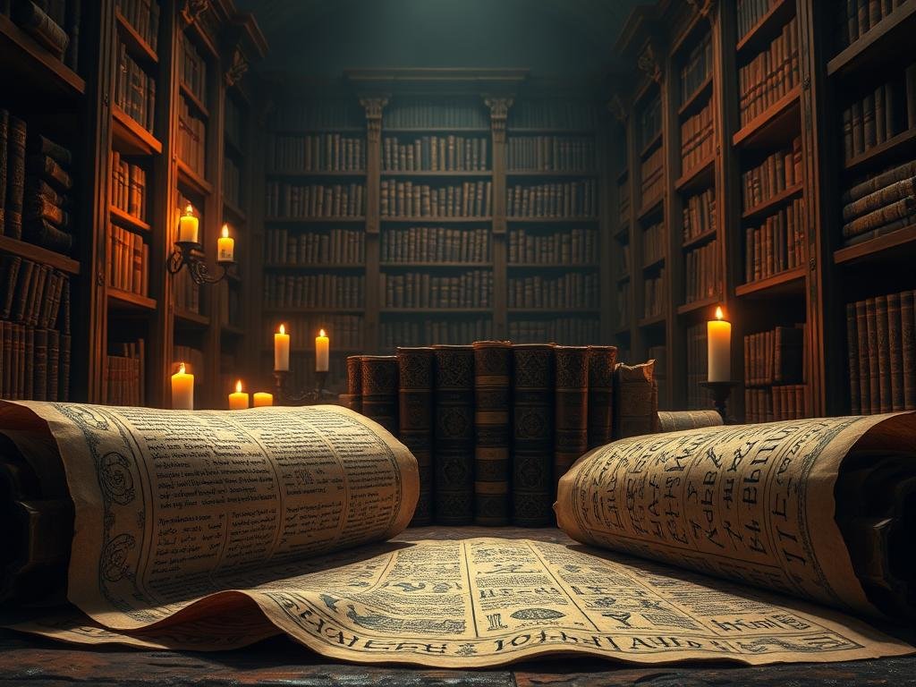 A dimly lit, ancient library chamber, illuminated by soft, warm candlelight. In the foreground, intricately detailed papyrus scrolls unravel, revealing archaic glyphs and symbols - the earliest forms of visual communication. The middle ground features a collection of weathered, parchment-covered tomes, their bindings adorned with ornate, embossed patterns. In the background, tall, shadowy bookshelves stretch upwards, their shelves laden with the accumulated knowledge of generations. The atmosphere is one of reverence and scholarly contemplation, inviting the viewer to explore the origins of the written word and its evolution into the language of comics. A dimly lit, ancient library chamber, illuminated by soft, warm candlelight. In the foreground, intricately detailed papyrus scrolls unravel, revealing archaic glyphs and symbols - the earliest forms of visual communication. The middle ground features a collection of weathered, parchment-covered tomes, their bindings adorned with ornate, embossed patterns. In the background, tall, shadowy bookshelves stretch upwards, their shelves laden with the accumulated knowledge of generations. The atmosphere is one of reverence and scholarly contemplation, inviting the viewer to explore the origins of the written word and its evolution into the language of comics.