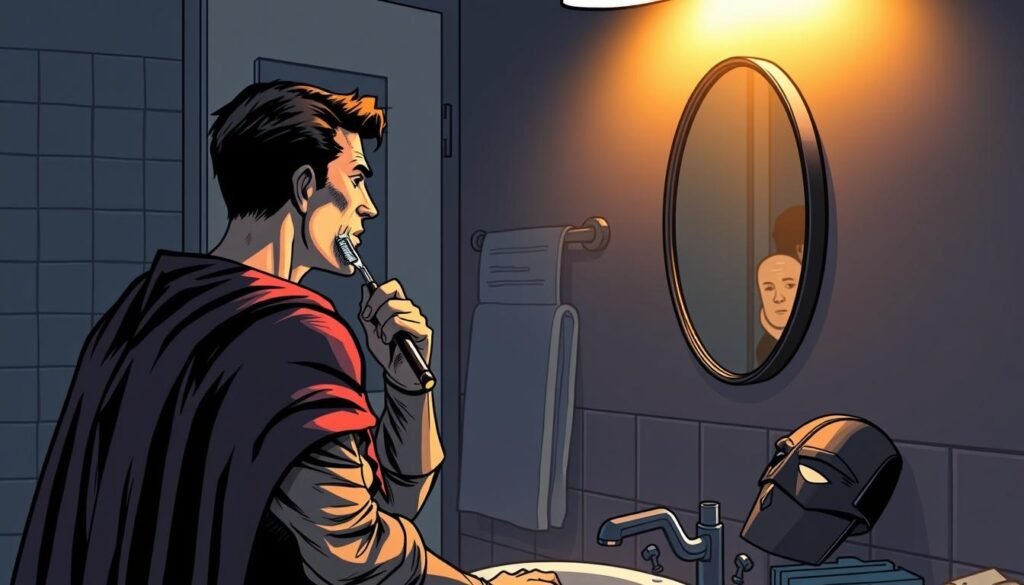 A dimly lit bathroom, the morning sun peeking through the window. A superhero, cape and all, stands before the mirror, meticulously grooming their face. They deftly shave with a straight razor, the blade glinting in the soft light. Nearby, their trademark mask and utility belt are neatly arranged on the counter. The hero's expression is focused, yet serene, as they go through their routine - brushing their teeth, styling their hair, and preparing for the day's extraordinary challenges. The scene exudes a sense of quiet determination, a reminder that even the mightiest of beings have their own private moments of normalcy. What Superheroes Do When They’re Not Fighting Crime
