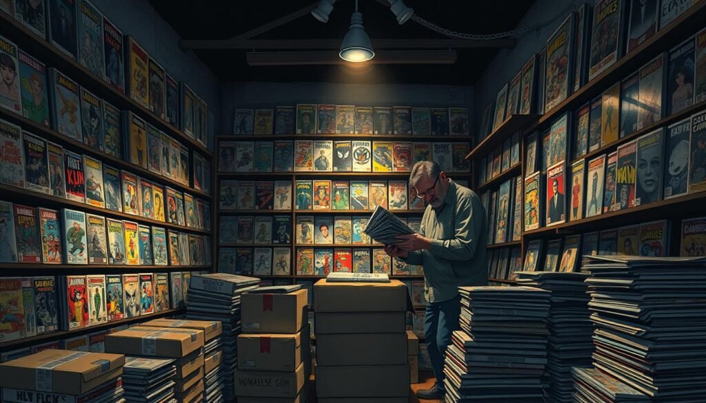 A dimly lit comic book store, shelves overflowing with colorful variant covers. The retailer, brow furrowed, sifts through a stack of rare issues, assessing their value. Overhead, a lone spotlight casts dramatic shadows, highlighting the weight of each decision. Stacks of shipping boxes litter the cluttered floor, a testament to the frenzy of the variant cover market. The air is thick with the musty scent of aged paper and the palpable tension of a retailer navigating the ever-changing landscape of the comic book industry. A dimly lit comic book store, shelves overflowing with colorful variant covers. The retailer, brow furrowed, sifts through a stack of rare issues, assessing their value. Overhead, a lone spotlight casts dramatic shadows, highlighting the weight of each decision. Stacks of shipping boxes litter the cluttered floor, a testament to the frenzy of the variant cover market. The air is thick with the musty scent of aged paper and the palpable tension of a retailer navigating the ever-changing landscape of the comic book industry.