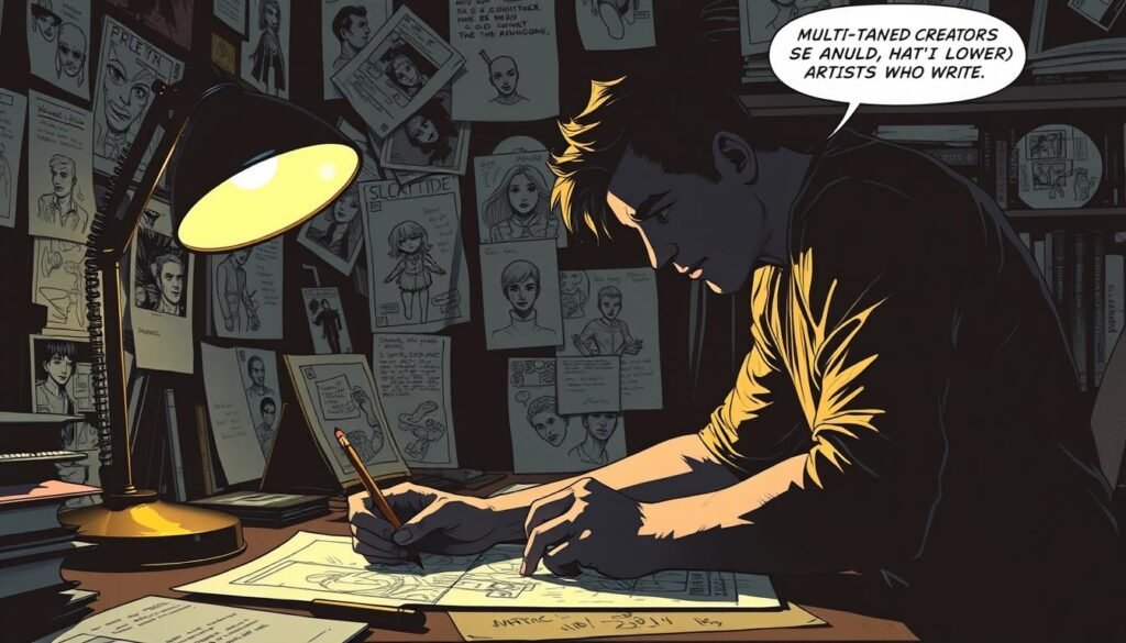 A dimly lit comics studio, illuminated by the soft glow of a desk lamp. In the foreground, a skilled artist hunches over a drawing board, pencil in hand, their face etched with concentration as they breathe life into a panel. Surrounding them, a collage of sketches, character designs, and scribbled notes, hinting at the multifaceted talents of this overlooked creator. In the background, a bookshelf overflows with graphic novels, a testament to the depth of their literary prowess. Shadows and highlights interplay, creating a moody, introspective atmosphere that captures the essence of the "Multi-Talented Creators: Artists Who Write." A dimly lit comics studio, illuminated by the soft glow of a desk lamp. In the foreground, a skilled artist hunches over a drawing board, pencil in hand, their face etched with concentration as they breathe life into a panel. Surrounding them, a collage of sketches, character designs, and scribbled notes, hinting at the multifaceted talents of this overlooked creator. In the background, a bookshelf overflows with graphic novels, a testament to the depth of their literary prowess. Shadows and highlights interplay, creating a moody, introspective atmosphere that captures the essence of the "Multi-Talented Creators: Artists Who Write."