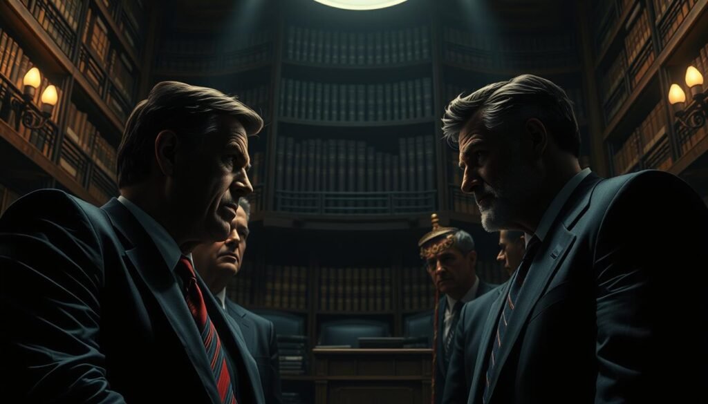 A dimly lit courtroom, the weight of legal battles hanging heavy in the air. In the foreground, a tense confrontation between Marvel executives and visionary comic book creators, their faces etched with determination. Shelves of law books and documents loom in the background, casting an aura of complexity and high-stakes litigation. Dramatic chiaroscuro lighting casts dramatic shadows, conveying the gravity of the situation. The scene evokes the rich history and legal entanglements that have defined Marvel's relationship with the artists and writers who brought its iconic characters to life. A dimly lit courtroom, the weight of legal battles hanging heavy in the air. In the foreground, a tense confrontation between Marvel executives and visionary comic book creators, their faces etched with determination. Shelves of law books and documents loom in the background, casting an aura of complexity and high-stakes litigation. Dramatic chiaroscuro lighting casts dramatic shadows, conveying the gravity of the situation. The scene evokes the rich history and legal entanglements that have defined Marvel's relationship with the artists and writers who brought its iconic characters to life.