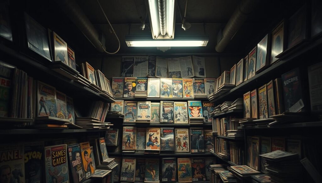 A dimly lit, grungy comic book store interior, with shelves of failed and forgotten comic publisher titles. Dusty, disorganized racks hold a mix of outdated, obscure comics and graphic novels, their colorful covers faded and tattered. The atmosphere is somber, conveying a sense of the industry's volatility and the challenges faced by smaller, independent publishers. Harsh shadows and muted, desaturated tones create a sense of melancholy and decay, hinting at the common patterns that lead to the downfall of many comic imprints. A single, flickering fluorescent light casts an eerie glow, emphasizing the neglected, abandoned feel of the space. A dimly lit, grungy comic book store interior, with shelves of failed and forgotten comic publisher titles. Dusty, disorganized racks hold a mix of outdated, obscure comics and graphic novels, their colorful covers faded and tattered. The atmosphere is somber, conveying a sense of the industry's volatility and the challenges faced by smaller, independent publishers. Harsh shadows and muted, desaturated tones create a sense of melancholy and decay, hinting at the common patterns that lead to the downfall of many comic imprints. A single, flickering fluorescent light casts an eerie glow, emphasizing the neglected, abandoned feel of the space.