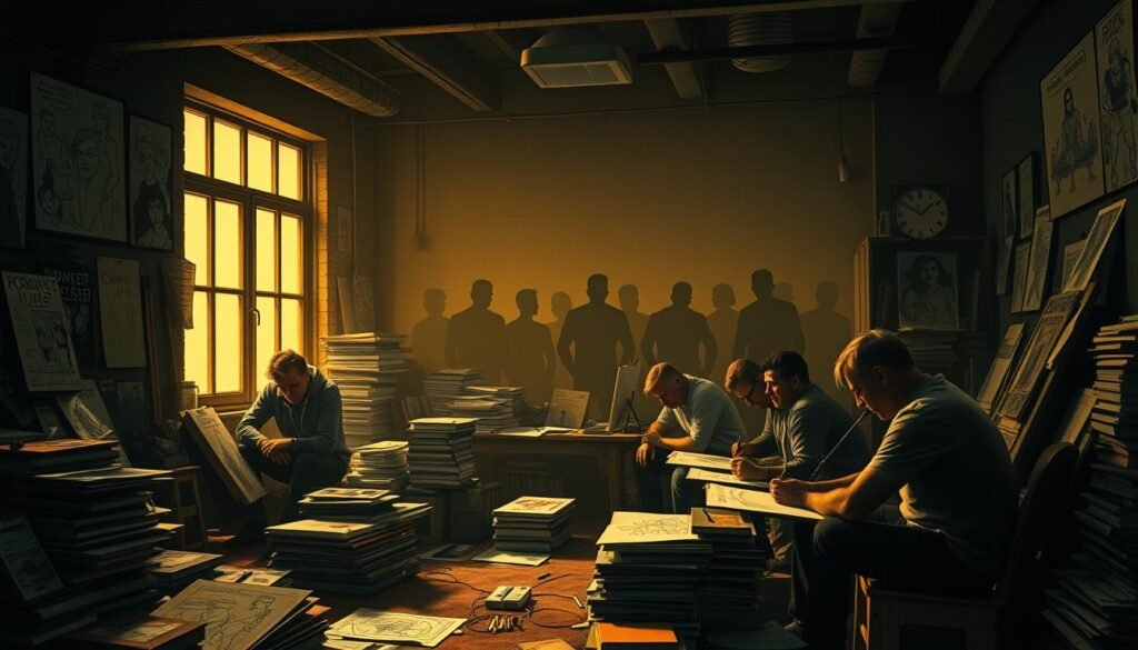 A dimly lit, moody studio space, illuminated by a warm, golden light from a large window. In the foreground, a group of British comic artists sit hunched over their drawing boards, pencils and pens in hand, their faces intense with focus. In the middle ground, stacks of sketchbooks, graphic novels, and art supplies litter the cluttered workspace. In the background, the faint outlines of shadowy figures can be seen, representing the "forgotten heroes" of the British comics scene - talented creators whose works have been unjustly overlooked. The atmosphere is one of quiet determination and a sense of artistic kinship, capturing the essence of the "Forgotten Heroes of British Comics." A dimly lit, moody studio space, illuminated by a warm, golden light from a large window. In the foreground, a group of British comic artists sit hunched over their drawing boards, pencils and pens in hand, their faces intense with focus. In the middle ground, stacks of sketchbooks, graphic novels, and art supplies litter the cluttered workspace. In the background, the faint outlines of shadowy figures can be seen, representing the "forgotten heroes" of the British comics scene - talented creators whose works have been unjustly overlooked. The atmosphere is one of quiet determination and a sense of artistic kinship, capturing the essence of the "Forgotten Heroes of British Comics."