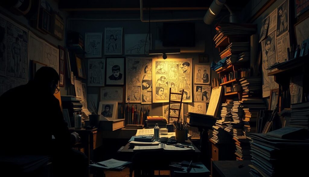 A dimly lit studio filled with the tools of the comic artist's trade - brushes, pens, ink bottles, and stacks of sketchbooks. In the foreground, shadowed figures bent over their work, their faces obscured as they breathe life into their visions. Surrounding them, the walls are adorned with half-finished panels, character studies, and conceptual designs, hinting at the creative genius that dwells within. The lighting is warm and moody, casting an atmospheric glow that evokes the timeless allure of the comic book medium. This is the realm of the unsung visionaries, the lesser-known masters who have shaped the art form through their innovative techniques and singular perspectives. Underrated Artists Who Changed Comics Without You Noticing