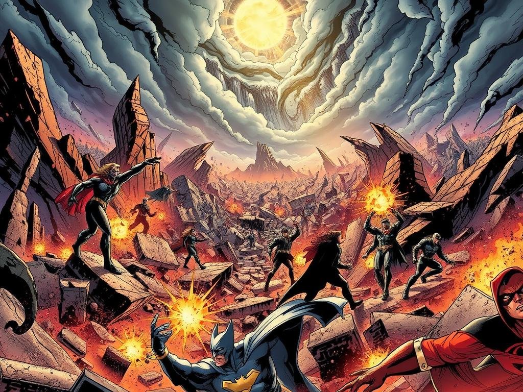 A dramatic, apocalyptic-styled landscape of the DC Multiverse after the events of Dark Nights: Death Metal. In the foreground, twisted and fractured realities collide, with shattered dimensions and parallel worlds merging chaotically. The middle ground depicts iconic DC heroes and villains caught in the maelstrom, their powers flickering and distorted. In the background, a turbulent, storm-swept sky casts an ominous glow, hinting at the cosmic scale of the changes ripping through the multiverse. Lighting is dramatic, with harsh shadows and highlights emphasizing the sense of upheaval and transformation. The overall mood is one of upheaval, uncertainty, and the dawning of a new era for the DC Universe. A dramatic, apocalyptic-styled landscape of the DC Multiverse after the events of Dark Nights: Death Metal. In the foreground, twisted and fractured realities collide, with shattered dimensions and parallel worlds merging chaotically. The middle ground depicts iconic DC heroes and villains caught in the maelstrom, their powers flickering and distorted. In the background, a turbulent, storm-swept sky casts an ominous glow, hinting at the cosmic scale of the changes ripping through the multiverse. Lighting is dramatic, with harsh shadows and highlights emphasizing the sense of upheaval and transformation. The overall mood is one of upheaval, uncertainty, and the dawning of a new era for the DC Universe.