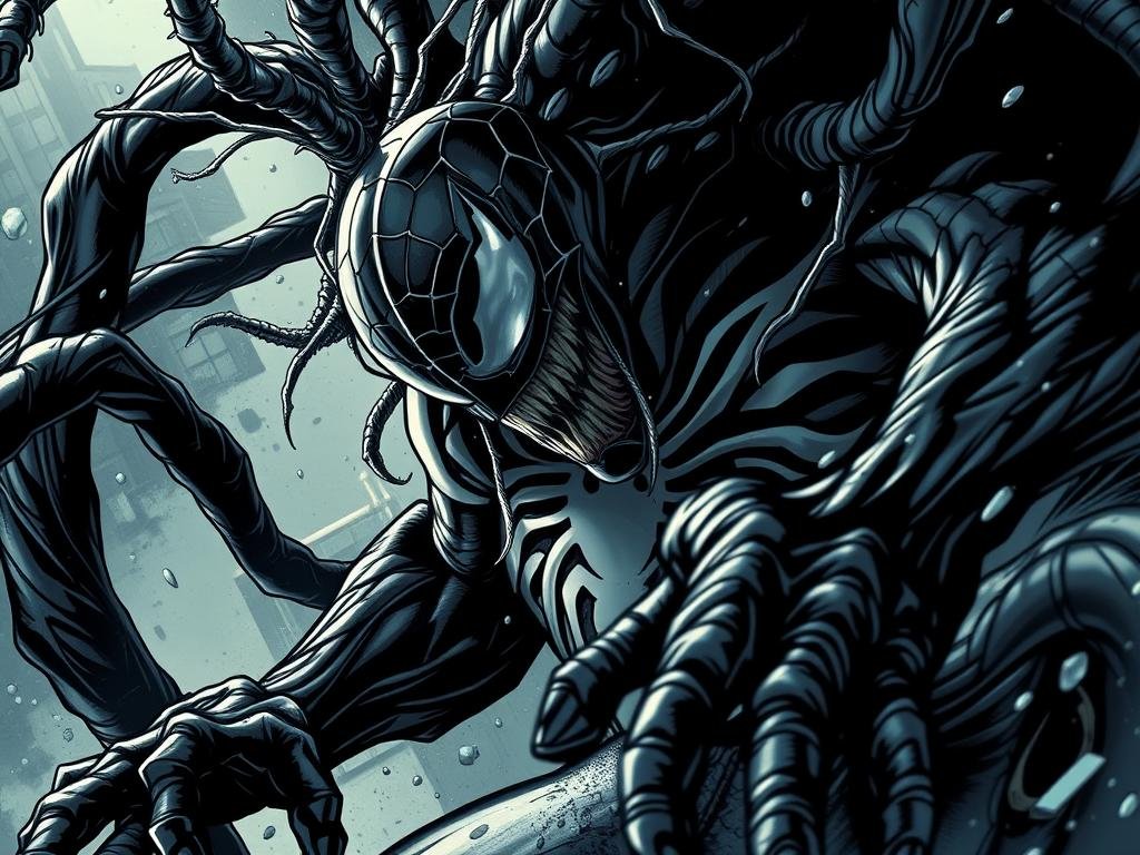 A dramatic, close-up view of the Venom symbiote enveloping its host, Spider-Man, in a swirling, turbulent torrent of inky black tendrils. The symbiote's otherworldly, pulsating mass consumes the hero's body, tendrils snaking up his limbs and face, transforming him into the fearsome Venom. Shimmering highlights and dark shadows accentuate the symbiote's sinewy, alien texture, while a stormy, chiaroscuro lighting casts an ominous, foreboding atmosphere. The camera angle is low, emphasizing the towering, monstrous presence of the symbiote as it overwhelms its host, conveying the sheer power and visceral horror of the transformation. A dramatic, close-up view of the Venom symbiote enveloping its host, Spider-Man, in a swirling, turbulent torrent of inky black tendrils. The symbiote's otherworldly, pulsating mass consumes the hero's body, tendrils snaking up his limbs and face, transforming him into the fearsome Venom. Shimmering highlights and dark shadows accentuate the symbiote's sinewy, alien texture, while a stormy, chiaroscuro lighting casts an ominous, foreboding atmosphere. The camera angle is low, emphasizing the towering, monstrous presence of the symbiote as it overwhelms its host, conveying the sheer power and visceral horror of the transformation.