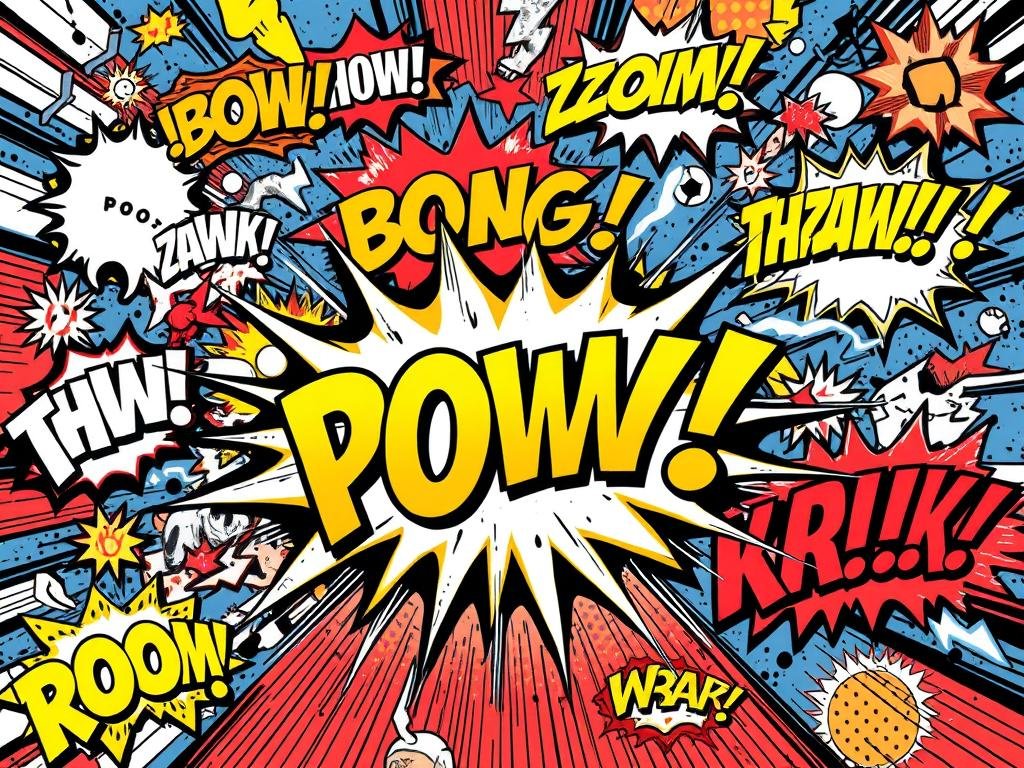 A dynamic and vibrant comic book illustration showcasing various onomatopoeic sound effects. In the foreground, a bold and dynamic "POW!" explosion bursts forth, with shards of light and energy radiating outwards. In the middle ground, a "BANG!" effect shatters the frame, while a "ZZZAP!" of electricity crackles across the scene. In the background, a myriad of other comic book sound effects such as "WHOOM," "THUD," and "KRAKK" create a layered and immersive visual tapestry. The illustration is rendered in a classic comic book style, with bold linework, vibrant colors, and a sense of kinetic energy. Dramatic lighting and a dynamic camera angle heighten the dramatic impact of the onomatopoeic elements. A dynamic and vibrant comic book illustration showcasing various onomatopoeic sound effects. In the foreground, a bold and dynamic "POW!" explosion bursts forth, with shards of light and energy radiating outwards. In the middle ground, a "BANG!" effect shatters the frame, while a "ZZZAP!" of electricity crackles across the scene. In the background, a myriad of other comic book sound effects such as "WHOOM," "THUD," and "KRAKK" create a layered and immersive visual tapestry. The illustration is rendered in a classic comic book style, with bold linework, vibrant colors, and a sense of kinetic energy. Dramatic lighting and a dynamic camera angle heighten the dramatic impact of the onomatopoeic elements.