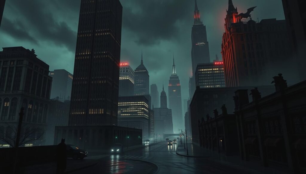 A gloomy Gotham City skyline, shrouded in a moody, cinematic atmosphere. Towering art deco skyscrapers loom overhead, their sleek facades adorned with intricate geometric patterns and gargoyle-like sculptures. The buildings' sharp angles and shadowy silhouettes create a sense of dark grandeur, reflecting the city's brooding, mysterious nature. Pools of light spill from the windows, casting dramatic chiaroscuro effects across the scene. In the foreground, a dark, rain-slicked street winds between the imposing structures, its puddles reflecting the neon-tinged gloom above. The overall mood is one of gothic elegance, a sophisticated dark deco design philosophy that perfectly captures the essence of this iconic comic book metropolis. Why Gotham City Looks the Way It Does