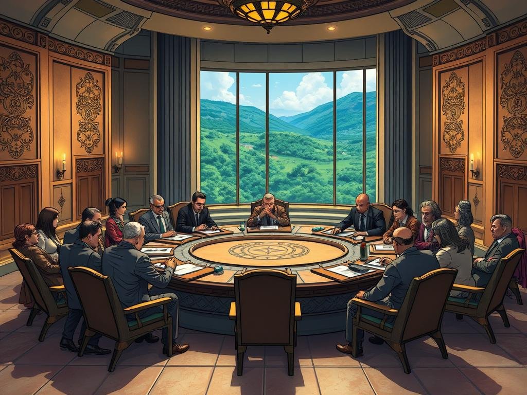 A grand chamber, bathed in soft, warm lighting, where delegates from diverse nations gather around an ornate, circular table. Their expressions convey a mixture of caution and diplomatic poise as they engage in intense, yet measured, negotiations. The walls are adorned with intricate Krakoan designs, hinting at the ancient power and unique culture of this newly formed mutant nation. Expansive windows offer a vista of the lush, vibrant Krakoan landscape, a silent witness to these historic deliberations. An air of gravity and importance permeates the scene, as the fate of international relations hangs in the balance. A grand chamber, bathed in soft, warm lighting, where delegates from diverse nations gather around an ornate, circular table. Their expressions convey a mixture of caution and diplomatic poise as they engage in intense, yet measured, negotiations. The walls are adorned with intricate Krakoan designs, hinting at the ancient power and unique culture of this newly formed mutant nation. Expansive windows offer a vista of the lush, vibrant Krakoan landscape, a silent witness to these historic deliberations. An air of gravity and importance permeates the scene, as the fate of international relations hangs in the balance.