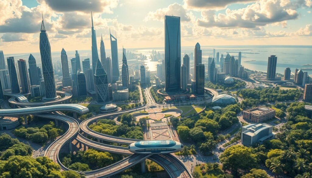 A grand, futuristic metropolis landscape sprawls out before the viewer, with towering skyscrapers and sleek, angular buildings reaching up towards a vibrant, sun-dappled sky. In the foreground, a network of elevated walkways, monorails, and autonomous vehicles weave through lush, verdant parks and public plazas, creating a seamless flow of pedestrian and transit traffic. The middle ground features a mix of residential and commercial districts, their facades adorned with intricate, crystalline patterns that catch the light. In the distance, a shimmering body of water reflects the city's magnificent silhouette, hinting at a thriving port or waterfront development. The overall scene exudes a sense of technological sophistication, environmental harmony, and a vision for a sustainable, interconnected urban future. A grand, futuristic metropolis landscape sprawls out before the viewer, with towering skyscrapers and sleek, angular buildings reaching up towards a vibrant, sun-dappled sky. In the foreground, a network of elevated walkways, monorails, and autonomous vehicles weave through lush, verdant parks and public plazas, creating a seamless flow of pedestrian and transit traffic. The middle ground features a mix of residential and commercial districts, their facades adorned with intricate, crystalline patterns that catch the light. In the distance, a shimmering body of water reflects the city's magnificent silhouette, hinting at a thriving port or waterfront development. The overall scene exudes a sense of technological sophistication, environmental harmony, and a vision for a sustainable, interconnected urban future.