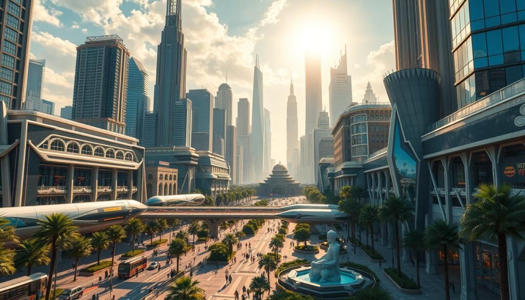 A grand metropolis rises, its Art Deco silhouettes reaching for the sky. Gleaming towers of steel and glass, their facades adorned with intricate geometric patterns and elegant curves. In the bustling streets below, futuristic transport systems glide smoothly, while pedestrians traverse meticulously planned public spaces, dotted with lush greenery and sculptural water features. Overhead, a warm afternoon sun casts long shadows, illuminating the innovative architectural designs that seamlessly blend function and aesthetic. This is a city of tomorrow, where visionary urban planning and cutting-edge innovation converge to create a stunning, awe-inspiring landscape. How Superman’s Metropolis Became a Blueprint for Future Cities