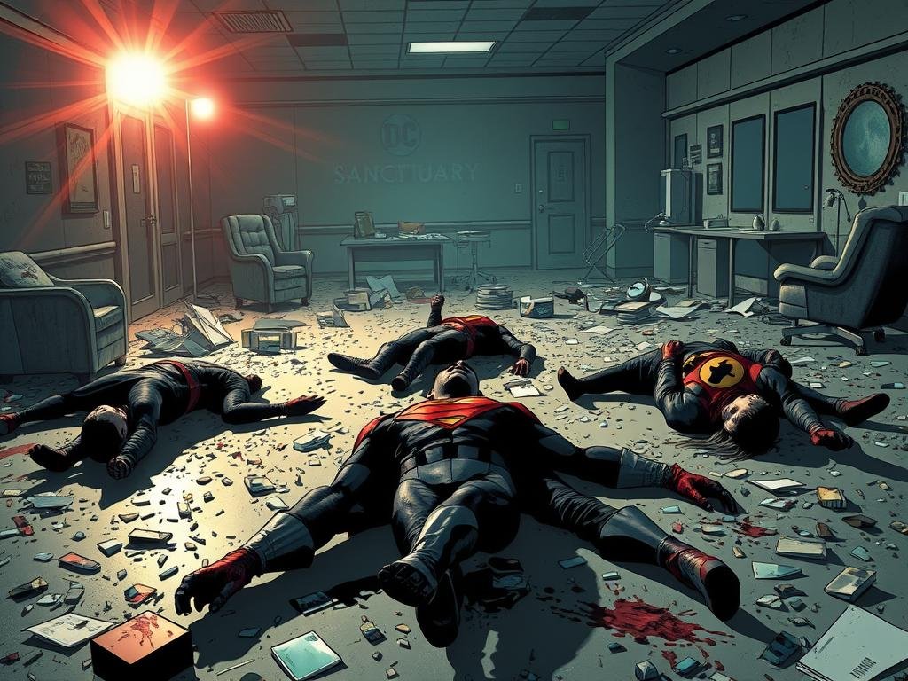 A harrowing scene unfolds at Sanctuary, the secret safe haven for DC's heroes. In the foreground, shattered glass and debris litter the floor, casting an eerie glow from shimmering emergency lights. Figures lie motionless, their costumes tattered and bloodied, a somber testament to the tragedy that has unfolded. In the middle ground, the once-tranquil therapeutic environment is in disarray, with overturned furniture and medical equipment scattered haphazardly. The background is shrouded in an unsettling darkness, hinting at the horrific events that have transpired within these sacred walls. The atmosphere is one of profound sorrow and a profound sense of betrayal, as the heroes' sanctuary has been violated, their safe haven turned into a scene of unimaginable horror. A harrowing scene unfolds at Sanctuary, the secret safe haven for DC's heroes. In the foreground, shattered glass and debris litter the floor, casting an eerie glow from shimmering emergency lights. Figures lie motionless, their costumes tattered and bloodied, a somber testament to the tragedy that has unfolded. In the middle ground, the once-tranquil therapeutic environment is in disarray, with overturned furniture and medical equipment scattered haphazardly. The background is shrouded in an unsettling darkness, hinting at the horrific events that have transpired within these sacred walls. The atmosphere is one of profound sorrow and a profound sense of betrayal, as the heroes' sanctuary has been violated, their safe haven turned into a scene of unimaginable horror.