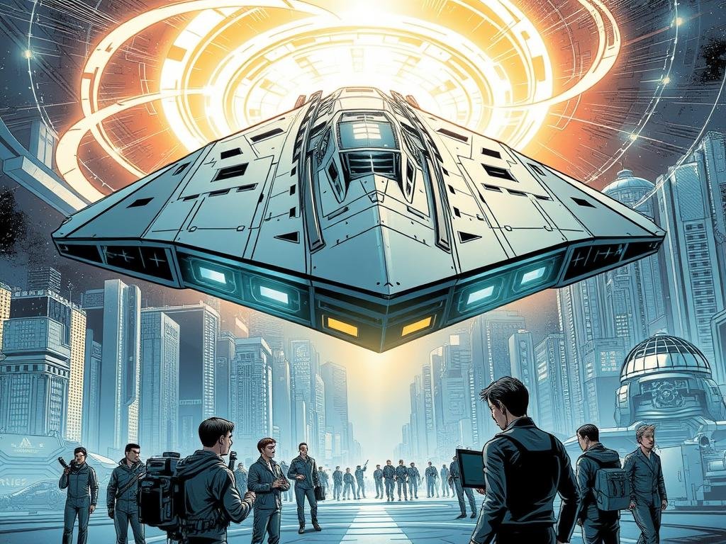 A hyper-advanced alien spacecraft hovers in the foreground, its sleek, angular design radiating an otherworldly power. Swirling energy fields and pulsing holographic displays surround the craft, hinting at the incredible technological capabilities of its extraterrestrial creators. In the middle ground, teams of human scientists and engineers examine the spacecraft, their expressions a mix of wonder and determination as they study the alien technology. The background is a futuristic cityscape, gleaming skyscrapers and domed structures reflecting the glow of the spacecraft's energy, signifying the profound impact this encounter will have on the course of human technological development. A hyper-advanced alien spacecraft hovers in the foreground, its sleek, angular design radiating an otherworldly power. Swirling energy fields and pulsing holographic displays surround the craft, hinting at the incredible technological capabilities of its extraterrestrial creators. In the middle ground, teams of human scientists and engineers examine the spacecraft, their expressions a mix of wonder and determination as they study the alien technology. The background is a futuristic cityscape, gleaming skyscrapers and domed structures reflecting the glow of the spacecraft's energy, signifying the profound impact this encounter will have on the course of human technological development.