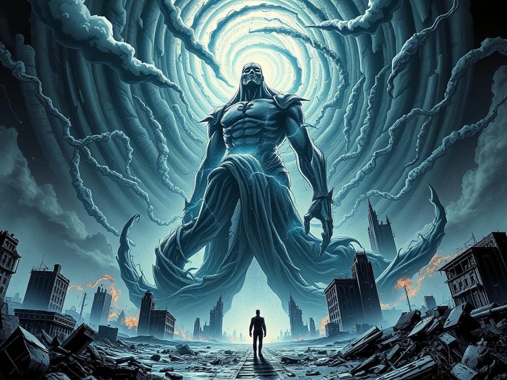 A hyper-detailed, cinematic illustration of the iconic Dark Nights: Death Metal comic book cover. In the foreground, a towering, nightmarish figure looms, its twisted metallic form emanating an ominous aura. The middle ground features a desolate, post-apocalyptic landscape, with crumbling buildings and swirling tendrils of dark energy. In the background, the shattered remains of the DC multiverse loom, a swirling vortex of fractured realities. The lighting is dramatic, with deep shadows and harsh highlights, creating a sense of tension and foreboding. The overall composition is striking and dynamic, perfectly capturing the epic scale and dire stakes of the Dark Nights: Death Metal saga. A hyper-detailed, cinematic illustration of the iconic Dark Nights: Death Metal comic book cover. In the foreground, a towering, nightmarish figure looms, its twisted metallic form emanating an ominous aura. The middle ground features a desolate, post-apocalyptic landscape, with crumbling buildings and swirling tendrils of dark energy. In the background, the shattered remains of the DC multiverse loom, a swirling vortex of fractured realities. The lighting is dramatic, with deep shadows and harsh highlights, creating a sense of tension and foreboding. The overall composition is striking and dynamic, perfectly capturing the epic scale and dire stakes of the Dark Nights: Death Metal saga.