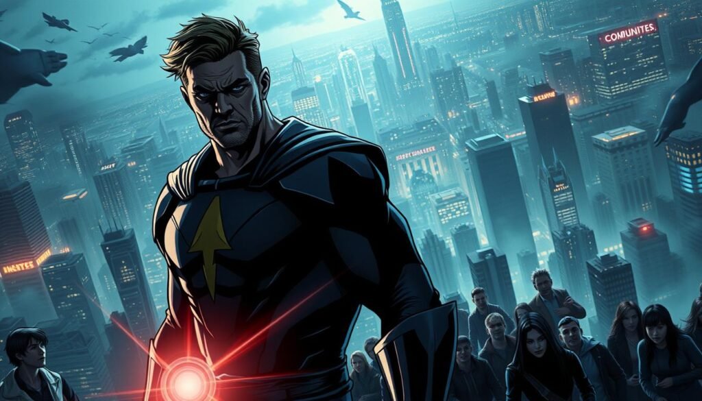 A hyper-detailed, cinematic scene of a comic book universe, showcasing the moral implications of mental powers. In the foreground, a heroic figure stands tall, their face etched with a conflicted expression as they grapple with the weight of their telepathic abilities. In the middle ground, a group of civilians cower in fear, unsure if the hero's powers will protect or control them. The background is a sprawling cityscape, bathed in a moody, atmospheric lighting that heightens the sense of unease and moral ambiguity. The scene is rendered with exquisite photorealism, capturing the nuanced emotional and philosophical struggle at the heart of the narrative. A hyper-detailed, cinematic scene of a comic book universe, showcasing the moral implications of mental powers. In the foreground, a heroic figure stands tall, their face etched with a conflicted expression as they grapple with the weight of their telepathic abilities. In the middle ground, a group of civilians cower in fear, unsure if the hero's powers will protect or control them. The background is a sprawling cityscape, bathed in a moody, atmospheric lighting that heightens the sense of unease and moral ambiguity. The scene is rendered with exquisite photorealism, capturing the nuanced emotional and philosophical struggle at the heart of the narrative.