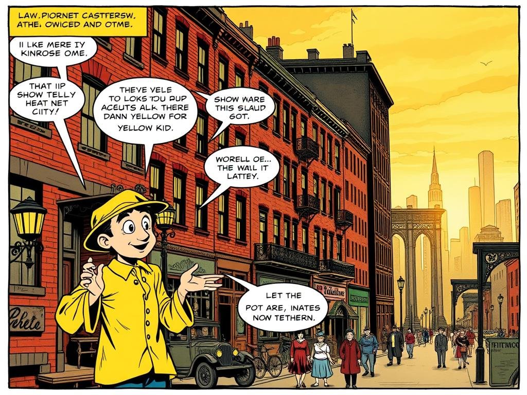 A lively comic panel set in late 19th century New York City, showcasing the pioneering "Yellow Kid" character. In the foreground, the mischievous Yellow Kid, clad in his iconic yellow nightshirt, gestures animatedly while engaged in dialogue. The middle ground depicts the bustling urban setting, with brick tenement buildings, gas lamps, and pedestrians going about their day. The background features the skyline of old New York, bathed in warm, golden light. The scene conveys a sense of energy, innovation, and the dawn of a new era in visual storytelling, where text and image merge to create a dynamic, expressive medium. A lively comic panel set in late 19th century New York City, showcasing the pioneering "Yellow Kid" character. In the foreground, the mischievous Yellow Kid, clad in his iconic yellow nightshirt, gestures animatedly while engaged in dialogue. The middle ground depicts the bustling urban setting, with brick tenement buildings, gas lamps, and pedestrians going about their day. The background features the skyline of old New York, bathed in warm, golden light. The scene conveys a sense of energy, innovation, and the dawn of a new era in visual storytelling, where text and image merge to create a dynamic, expressive medium.