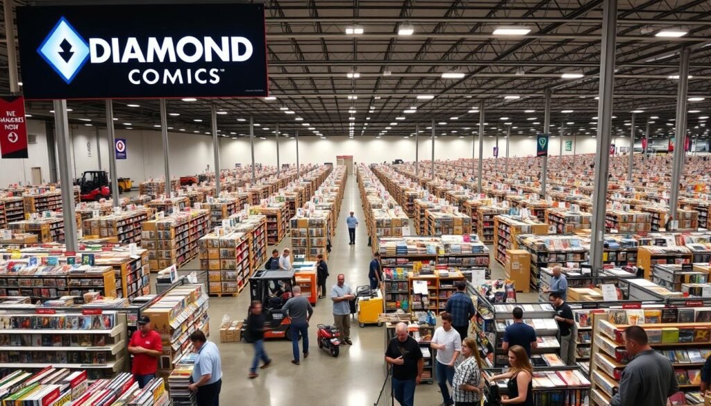 A massive, modern distribution center with rows of shelves stocked with comic books, graphic novels, and other merchandise. The center's exterior features a prominent Diamond Comics logo and signage, conveying the company's dominance in the industry. The interior is brightly lit, with forklifts and workers efficiently moving inventory. In the foreground, a diverse group of retailers and fans peruse the selection, hinting at the network's reach. The scene is captured with a wide-angle lens, emphasizing the scale and efficiency of this pivotal hub in the comic book distribution landscape.