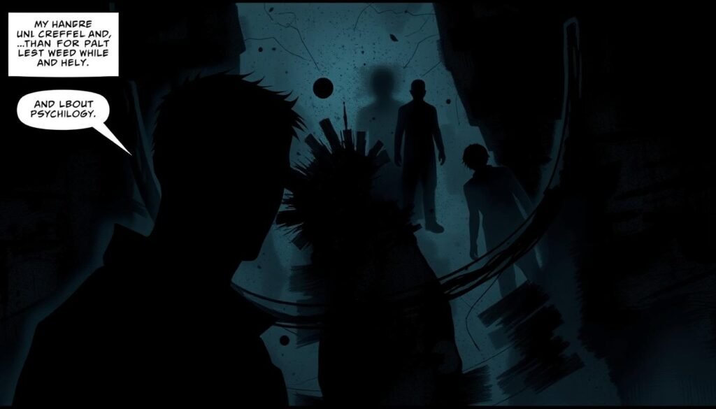 A moody, dimly-lit comics panel depicting the unsettled psychology of an unreliable narrator. In the foreground, a shadowy, ambiguous figure narrates the scene, their facial features obscured, creating an air of uncertainty and unreliability. The middle ground features a disorienting, abstract background with shifting, dreamlike elements, hinting at the narrator's distorted perception of reality. Eerie, low-key lighting casts dramatic shadows, heightening the sense of unease and psychological tension. The overall composition and style evoke the unsettling nature of an unreliable comic book narrator's skewed perspective. A moody, dimly-lit comics panel depicting the unsettled psychology of an unreliable narrator. In the foreground, a shadowy, ambiguous figure narrates the scene, their facial features obscured, creating an air of uncertainty and unreliability. The middle ground features a disorienting, abstract background with shifting, dreamlike elements, hinting at the narrator's distorted perception of reality. Eerie, low-key lighting casts dramatic shadows, heightening the sense of unease and psychological tension. The overall composition and style evoke the unsettling nature of an unreliable comic book narrator's skewed perspective.
