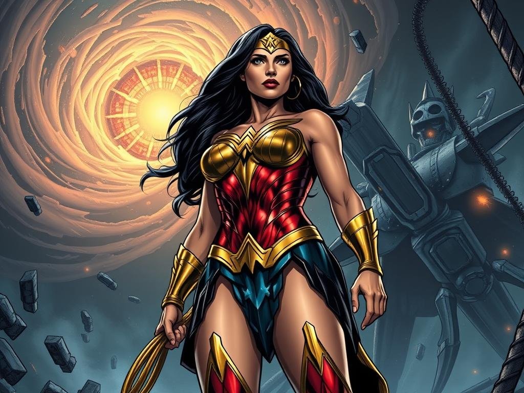 A powerful and determined Wonder Woman stands tall, her golden lasso and Amazonian armor gleaming in the eerie, ominous glow of the Dark Nights Metal universe. She is the beacon of hope amidst the chaos, her regal posture and unwavering gaze conveying her determination to protect the DC multiverse. In the background, a swirling vortex of cosmic energy and twisted metal structures hint at the cataclysmic events unfolding, while shadows and flickering lights cast an ominous and dramatic atmosphere. The camera angle is low, emphasizing Wonder Woman's heroic stature and the gravity of her role as the central hero in this pivotal moment. A powerful and determined Wonder Woman stands tall, her golden lasso and Amazonian armor gleaming in the eerie, ominous glow of the Dark Nights Metal universe. She is the beacon of hope amidst the chaos, her regal posture and unwavering gaze conveying her determination to protect the DC multiverse. In the background, a swirling vortex of cosmic energy and twisted metal structures hint at the cataclysmic events unfolding, while shadows and flickering lights cast an ominous and dramatic atmosphere. The camera angle is low, emphasizing Wonder Woman's heroic stature and the gravity of her role as the central hero in this pivotal moment.