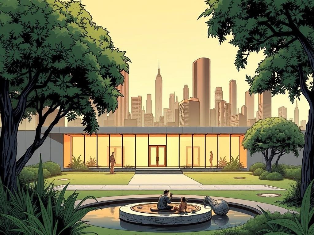 A serene and contemplative sanctuary for the burdened heroes of the DC Universe. In the foreground, a tranquil garden oasis with lush greenery and a soothing water feature. Midground, a modern, minimalist building with clean lines and expansive windows, bathed in warm, natural light. In the background, a cityscape of towering skyscrapers and iconic landmarks, hinting at the outside world these heroes have sworn to protect. A sense of refuge and respite permeates the scene, as if the sanctuary offers a safe haven for the mental and emotional wellbeing of the extraordinary individuals who seek its solace. A serene and contemplative sanctuary for the burdened heroes of the DC Universe. In the foreground, a tranquil garden oasis with lush greenery and a soothing water feature. Midground, a modern, minimalist building with clean lines and expansive windows, bathed in warm, natural light. In the background, a cityscape of towering skyscrapers and iconic landmarks, hinting at the outside world these heroes have sworn to protect. A sense of refuge and respite permeates the scene, as if the sanctuary offers a safe haven for the mental and emotional wellbeing of the extraordinary individuals who seek its solace.