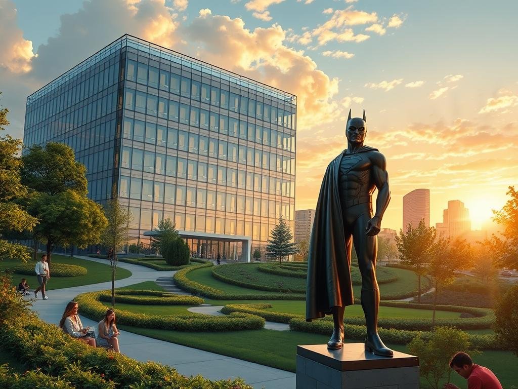 A serene mental health sanctuary nestled within the bustling cityscape of Metropolis. The grand, modern building stands amidst lush, verdant gardens, its sleek glass facade reflecting the sky's calming hues. Patients stroll the tranquil pathways, some seated in quiet contemplation, others engaged in group therapy sessions. Warm, natural lighting filters through large windows, conveying a sense of openness and healing. In the foreground, a bronze statue of a caped hero stands as a symbol of strength and resilience, a reminder that even the mightiest can face inner battles. The overall atmosphere exudes a palpable aura of care, compassion, and the promise of restoration for the city's beleaguered champions. A serene mental health sanctuary nestled within the bustling cityscape of Metropolis. The grand, modern building stands amidst lush, verdant gardens, its sleek glass facade reflecting the sky's calming hues. Patients stroll the tranquil pathways, some seated in quiet contemplation, others engaged in group therapy sessions. Warm, natural lighting filters through large windows, conveying a sense of openness and healing. In the foreground, a bronze statue of a caped hero stands as a symbol of strength and resilience, a reminder that even the mightiest can face inner battles. The overall atmosphere exudes a palpable aura of care, compassion, and the promise of restoration for the city's beleaguered champions.