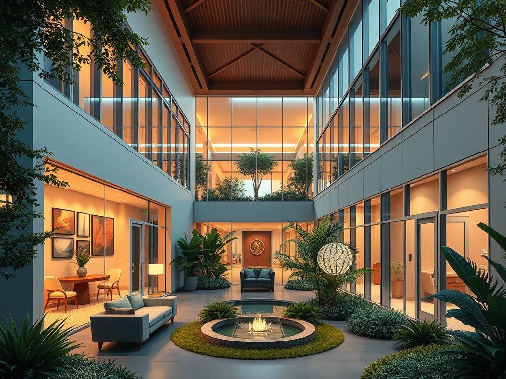 A serene, state-of-the-art mental health sanctuary nestled within the heart of the DC universe. The exterior features a sleek, modern architecture with clean lines and expansive windows, blending seamlessly into a lush, verdant landscape. As the camera pans inward, we glimpse the warm, welcoming lobby with plush seating and soothing artwork on the walls, creating an atmosphere of tranquility and comfort. The hallways leading to the private therapy rooms are bathed in soft, natural lighting, encouraging an introspective, healing journey. In the central atrium, a calming water feature and therapeutic greenery foster a sense of serenity, where heroes in crisis can find the refuge and support they need. A serene, state-of-the-art mental health sanctuary nestled within the heart of the DC universe. The exterior features a sleek, modern architecture with clean lines and expansive windows, blending seamlessly into a lush, verdant landscape. As the camera pans inward, we glimpse the warm, welcoming lobby with plush seating and soothing artwork on the walls, creating an atmosphere of tranquility and comfort. The hallways leading to the private therapy rooms are bathed in soft, natural lighting, encouraging an introspective, healing journey. In the central atrium, a calming water feature and therapeutic greenery foster a sense of serenity, where heroes in crisis can find the refuge and support they need.