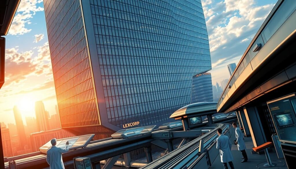 A sleek, futuristic LexCorp headquarters standing tall in the heart of Metropolis, its angular glass and steel facade gleaming under the sun's rays. In the foreground, a state-of-the-art laboratory buzzes with activity as scientists in white coats scrutinize advanced holographic displays and cutting-edge technology. The middle ground reveals a network of high-speed monorails and transport tubes, connecting the various research wings and innovation hubs. In the background, the iconic skyline of the DC Universe's capital city serves as a backdrop, hinting at the global reach and influence of LexCorp's groundbreaking scientific achievements. The Most Amazing (and Impossible) Tech in DC Comics