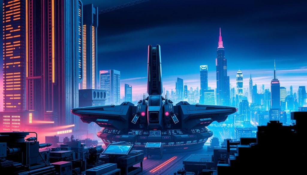 A sleek, futuristic facility looms against a backdrop of gleaming skyscrapers and a vibrant, chromatic cityscape. In the foreground, a state-of-the-art defense system comes into focus, featuring a network of holographic displays, advanced weaponry, and a towering central command module. The lighting is cool and directional, casting dramatic shadows and highlights that accentuate the angular, high-tech design. The overall atmosphere exudes a sense of power, innovation, and a relentless commitment to technological superiority, befitting the legendary Stark Industries and its cutting-edge defense technology. A sleek, futuristic facility looms against a backdrop of gleaming skyscrapers and a vibrant, chromatic cityscape. In the foreground, a state-of-the-art defense system comes into focus, featuring a network of holographic displays, advanced weaponry, and a towering central command module. The lighting is cool and directional, casting dramatic shadows and highlights that accentuate the angular, high-tech design. The overall atmosphere exudes a sense of power, innovation, and a relentless commitment to technological superiority, befitting the legendary Stark Industries and its cutting-edge defense technology.