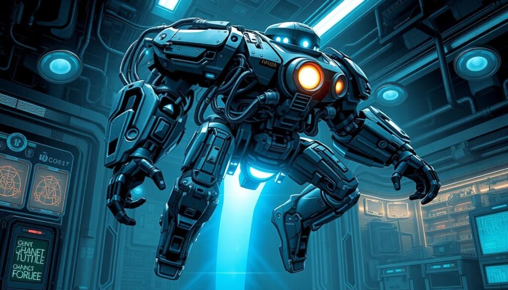A sleek, hyper-advanced cybernetic exoskeleton hovers in a dimly lit, industrial-style setting. Intricate circuits, glowing energy conduits, and metallic components intertwine, creating a sophisticated, futuristic aesthetic. The hulking, robotic form is accented by a glowing, blue-tinged energy field, conveying a sense of immense power and technological prowess. In the background, a shadowy, high-tech laboratory environment with holographic displays and advanced instrumentation sets the stage for this cutting-edge, DC Universe-inspired cyborg technology. A sleek, hyper-advanced cybernetic exoskeleton hovers in a dimly lit, industrial-style setting. Intricate circuits, glowing energy conduits, and metallic components intertwine, creating a sophisticated, futuristic aesthetic. The hulking, robotic form is accented by a glowing, blue-tinged energy field, conveying a sense of immense power and technological prowess. In the background, a shadowy, high-tech laboratory environment with holographic displays and advanced instrumentation sets the stage for this cutting-edge, DC Universe-inspired cyborg technology.