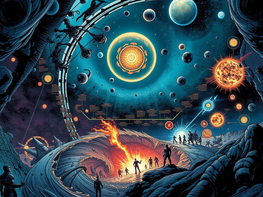 A sprawling timeline visualizing the intricate web of X-Men mutant histories and the founding of Krakoa. In the foreground, a swirling vortex of timelines and realities, depicting the countless diverging paths of Marvel's mutant heroes. In the middle ground, key moments and figures from the Powers of X and House of X storylines emerge, including Professor X, Moira MacTaggert, and the Quiet Council. The background is a cosmic tapestry of celestial bodies and interdimensional portals, hinting at the grand scale and cosmic significance of the Krakoan era. Rendered in a moody, dramatic sci-fi aesthetic with deep shadows, vibrant colors, and a sense of dynamism and flux. A sprawling timeline visualizing the intricate web of X-Men mutant histories and the founding of Krakoa. In the foreground, a swirling vortex of timelines and realities, depicting the countless diverging paths of Marvel's mutant heroes. In the middle ground, key moments and figures from the Powers of X and House of X storylines emerge, including Professor X, Moira MacTaggert, and the Quiet Council. The background is a cosmic tapestry of celestial bodies and interdimensional portals, hinting at the grand scale and cosmic significance of the Krakoan era. Rendered in a moody, dramatic sci-fi aesthetic with deep shadows, vibrant colors, and a sense of dynamism and flux.