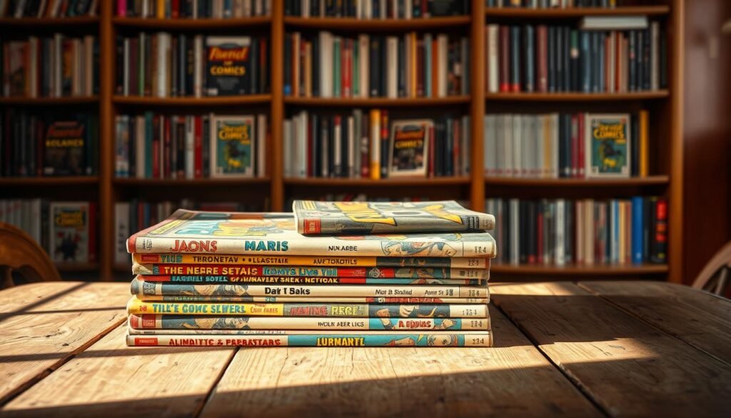 A stack of vintage comic books arranged on a weathered wooden table, illuminated by warm, natural lighting. The covers feature bold, dynamic illustrations and intriguing titles, hinting at the underappreciated stories within. In the background, a wall of bookshelves displays a curated collection of lesser-known graphic novels, their spines beckoning to be explored. The overall scene conveys a sense of discovery and the excitement of uncovering hidden gems in the world of comic literature. These Brilliant Comic Writers Deserve Way More Attention