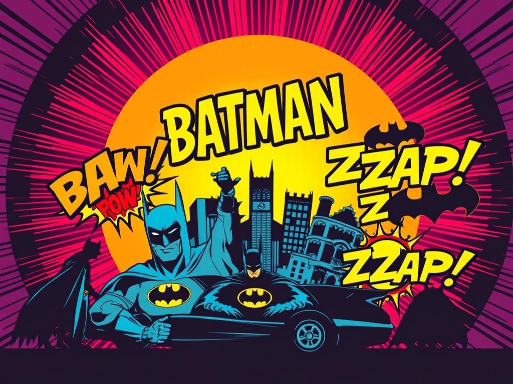 A stylized, pop art-inspired image depicting iconic Batman '66 TV show sound effects against a vibrant, colorful backdrop. In the foreground, bold onomatopoeic expressions like "BAM!", "POW!", and "ZZZAP!" leap off the frame, rendered in a retro comic book aesthetic with bold outlines and vivid, high-contrast colors. The midground features a collage of classic Batman imagery - silhouettes of the Caped Crusader, the Batmobile, and the iconic '60s logo. The background is a dynamic, psychedelic pattern of concentric circles, radiating energy and movement. Dramatic, theatrical lighting casts dynamic shadows and highlights the tactile, textured quality of the illustration. An homage to the enduring influence of the Batman TV series on pop culture and the lasting power of onomatopoeia in comics. A stylized, pop art-inspired image depicting iconic Batman '66 TV show sound effects against a vibrant, colorful backdrop. In the foreground, bold onomatopoeic expressions like "BAM!", "POW!", and "ZZZAP!" leap off the frame, rendered in a retro comic book aesthetic with bold outlines and vivid, high-contrast colors. The midground features a collage of classic Batman imagery - silhouettes of the Caped Crusader, the Batmobile, and the iconic '60s logo. The background is a dynamic, psychedelic pattern of concentric circles, radiating energy and movement. Dramatic, theatrical lighting casts dynamic shadows and highlights the tactile, textured quality of the illustration. An homage to the enduring influence of the Batman TV series on pop culture and the lasting power of onomatopoeia in comics.