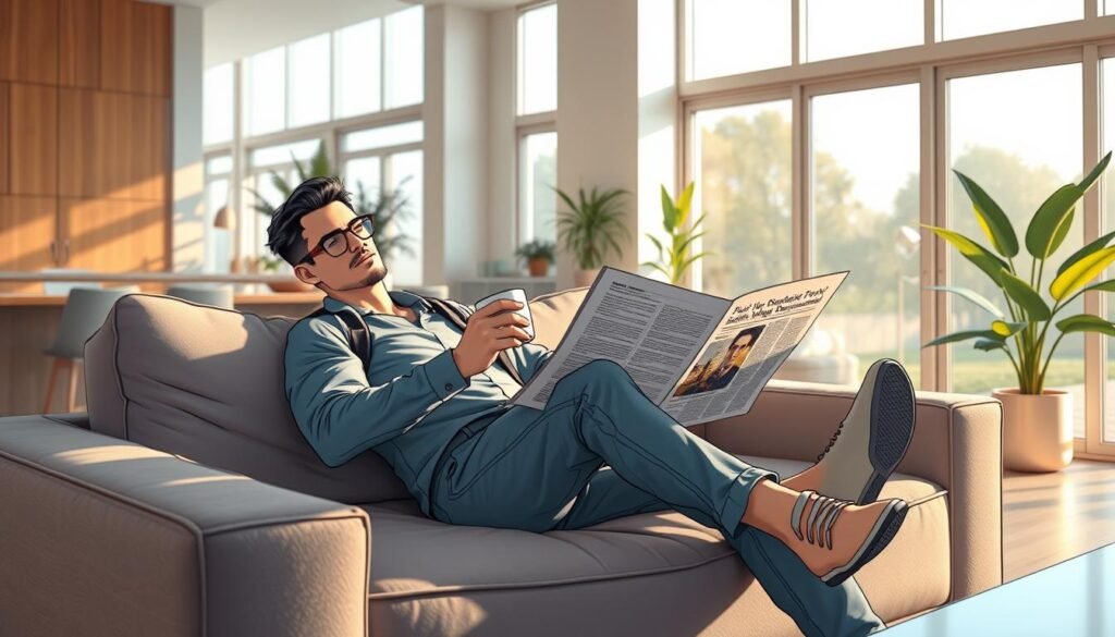 A superhero in casual attire lounging on a couch, enjoying a cup of coffee and the morning newspaper. Soft, natural lighting filters through large windows, casting a warm glow. In the background, a minimalist, open-concept living space with modern furnishings and plants. The hero's pose is relaxed, conveying a sense of peace and tranquility, a stark contrast to their usual heroic persona. The scene exudes a serene, domestic atmosphere, providing a glimpse into the everyday, off-duty moments of a powerful individual. Um super-herói em traje casual descansando em um sofá, apreciando uma xícara de café e o jornal da manhã. Uma luz suave e natural se infiltra pelas grandes janelas, criando um brilho aconchegante. Ao fundo, um espaço de estar minimalista e aberto, com móveis e plantas modernos. A pose do herói é relaxada, transmitindo uma sensação de paz e tranquilidade, um forte contraste com sua persona heroica habitual. A cena exala uma atmosfera serena e doméstica, proporcionando um vislumbre dos momentos cotidianos e de folga de um indivíduo poderoso.