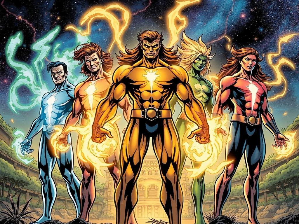 A team of five mutant heroes, their powers manifesting in a stunning display of light and energy. In the foreground, their resurrected forms stand tall, faces etched with determination as they prepare to shape the future of Krakoa. Swirling energy and psionic forces emanate from their bodies, creating an aura of raw power and regenerative might. The middle ground reveals a lush, verdant Krakoan landscape, its vibrant flora and alien architecture hinting at the island's transdimensional nature. In the background, a cosmic backdrop of shimmering stars and nebulae, conveying the grand scale and cosmic significance of the mutants' endeavors. Lighting is dramatic, with sharp contrasts and dynamic shadows, emphasizing the gravity of their role as the architects of mutant resurrection. A team of five mutant heroes, their powers manifesting in a stunning display of light and energy. In the foreground, their resurrected forms stand tall, faces etched with determination as they prepare to shape the future of Krakoa. Swirling energy and psionic forces emanate from their bodies, creating an aura of raw power and regenerative might. The middle ground reveals a lush, verdant Krakoan landscape, its vibrant flora and alien architecture hinting at the island's transdimensional nature. In the background, a cosmic backdrop of shimmering stars and nebulae, conveying the grand scale and cosmic significance of the mutants' endeavors. Lighting is dramatic, with sharp contrasts and dynamic shadows, emphasizing the gravity of their role as the architects of mutant resurrection.