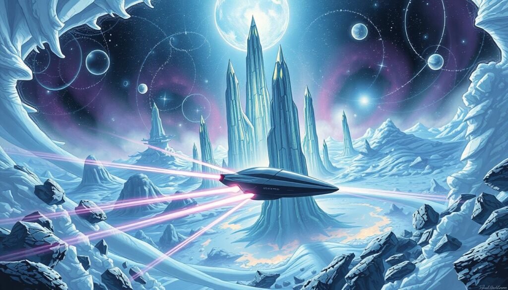 A vast, shimmering expanse of the Quantum Realm, where the laws of physics bend and warp. In the foreground, a sleek, futuristic Pym Technologies craft hovers, its advanced propulsion systems navigating the swirling energies and subatomic landscapes. Brilliant beams of quantum energy emanate from the craft, illuminating the surreal, crystalline structures that dot the otherworldly terrain. In the middle ground, towering, translucent spires of exotic matter reach towards a kaleidoscopic sky, hinting at the unfathomable mysteries of this microscopic dimension. The background is shrouded in a hazy, dreamlike atmosphere, suggesting the infinitely complex and enigmatic nature of the Quantum Realm. Fictional Tech Marvel Comics