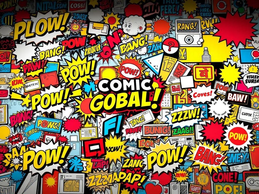 A vibrant global collection of comic book sound effects, illustrated in a dynamic and diverse style. The foreground features a collage of iconic onomatopoeic elements like "POW!", "BANG!", and "ZZZAP!" rendered in a bold, stylized comic book aesthetic. The middle ground showcases sound effects in a range of international scripts and languages, reflecting the global reach and diverse cultural influences of the comic book medium. In the background, a kaleidoscope of comic book panels, frames, and patterns create a sense of movement and energy, capturing the iconic visual language of the comic book art form. Lit by dramatic, cinematic lighting and captured with a wide-angle lens to emphasize the grand, sweeping nature of this international comic sound effects illustration. A vibrant global collection of comic book sound effects, illustrated in a dynamic and diverse style. The foreground features a collage of iconic onomatopoeic elements like "POW!", "BANG!", and "ZZZAP!" rendered in a bold, stylized comic book aesthetic. The middle ground showcases sound effects in a range of international scripts and languages, reflecting the global reach and diverse cultural influences of the comic book medium. In the background, a kaleidoscope of comic book panels, frames, and patterns create a sense of movement and energy, capturing the iconic visual language of the comic book art form. Lit by dramatic, cinematic lighting and captured with a wide-angle lens to emphasize the grand, sweeping nature of this international comic sound effects illustration.