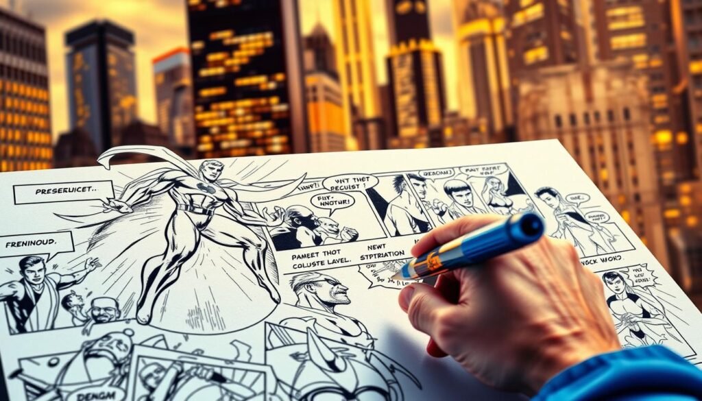 A vibrant, hand-drawn comic book panel depicting the fundamentals of sequential art. In the foreground, a dynamic close-up of a comic book artist's hands sketching a dynamic superhero character with bold, expressive linework. In the middle ground, a collage of comic book panels showcasing different techniques like perspective, anatomy, panel layout, and visual storytelling. In the background, a blurred cityscape setting with towering skyscrapers and a moody, cinematic lighting, suggesting the urban, gritty aesthetic of classic comic book art. The overall mood is one of creative energy, technical mastery, and the timeless appeal of the comic book medium. Why Digital Art Is Reshaping the Comic Industry