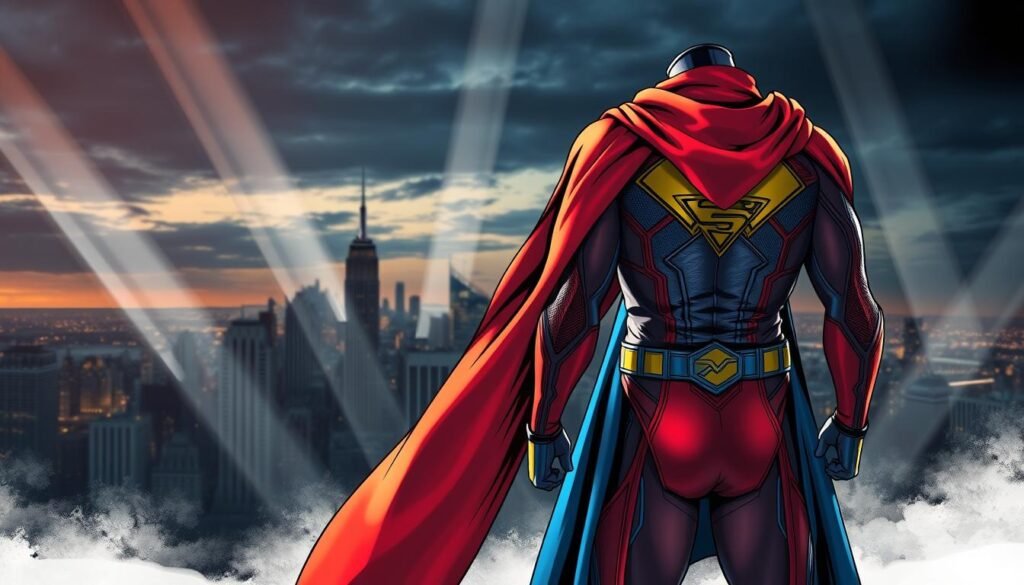 A vibrant, high-resolution image of a superhero costume against a dramatic backdrop. In the foreground, the costume stands proudly, its intricate design and bold colors radiating power and purpose. The fabric flows elegantly, hinting at the heroic figure who will don it. In the middle ground, a city skyline stretches out, hinting at the grand scale of the superhero's mission. The background is cast in dramatic lighting, with beams of light cutting through the darkness, symbolizing the hero's ability to pierce the shadows and bring hope. The overall mood is one of strength, determination, and the weight of responsibility that comes with being a protector of the people. Superhero Costume Functionality Style Debate